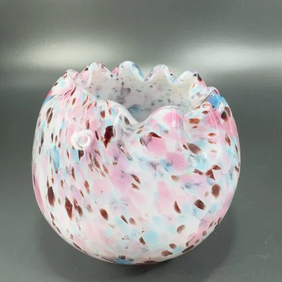 Czech Art Glass Rose Bowl Dish Hand Blown Multicolor Spots Bowl Ruffled‎ Edges - Picture 11 of 14